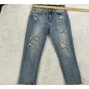Judy Blue Capri Fit Distressed Blue Jeans Size 1/25 Raw Hem Stretch Excellent